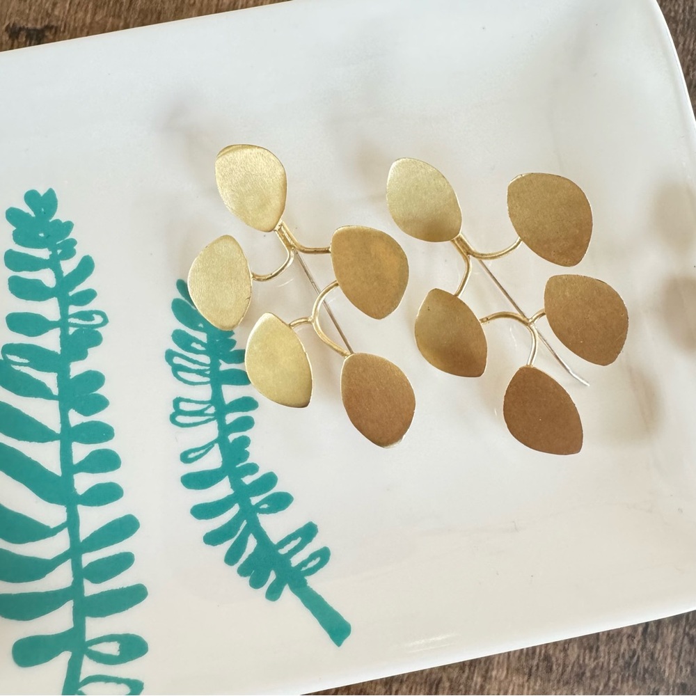 Matte Gold Earrings 2-1/4” Drop Leaf Design